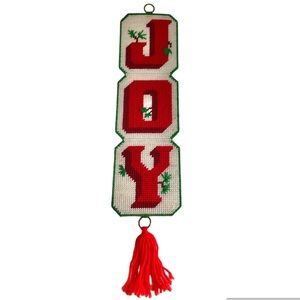 Vintage Needlepoint Christmas Joy Retro Hanging Sign Wall Door Decor Tassel MCM